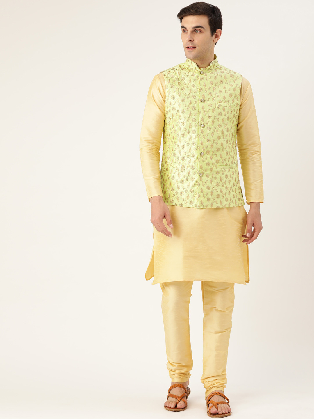 SOJANYA Men Golden & Lime Green Solid Kurta with Churidar & Nehru Jacket
