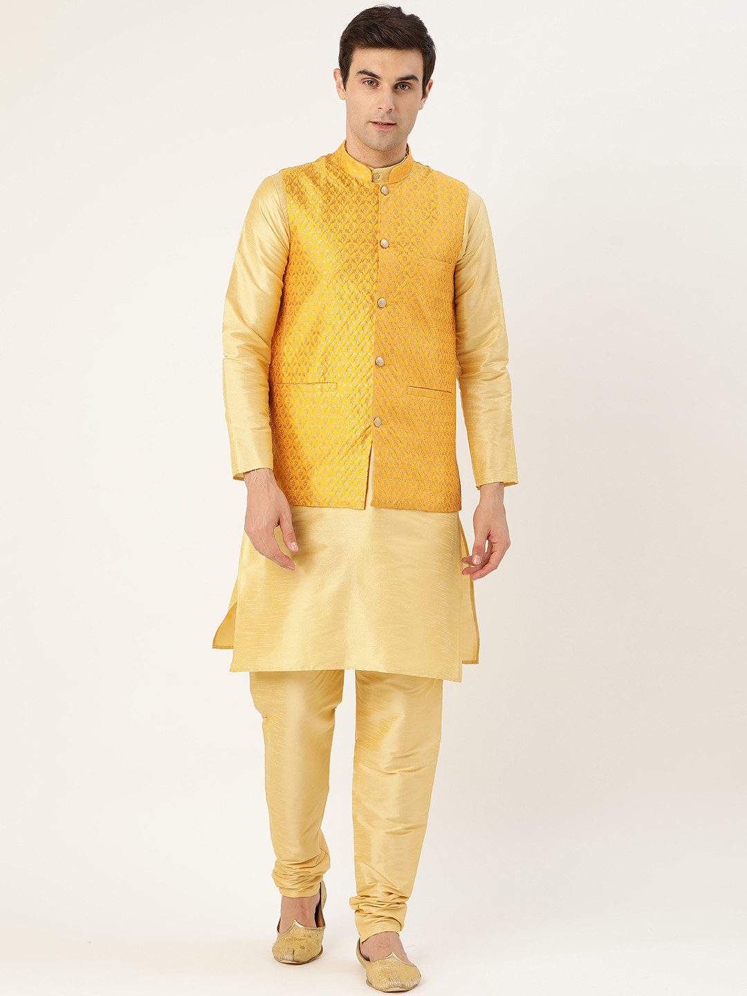 SOJANYA Men Golden & Mustard Yellow Solid Kurta with Churidar & Nehru Jacket