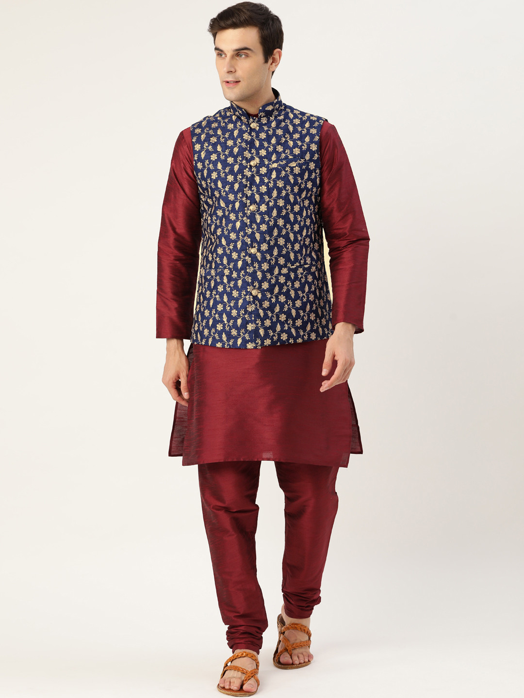 SOJANYA Men Maroon & Navy Blue Solid Kurta with Churidar & Nehru Jacket