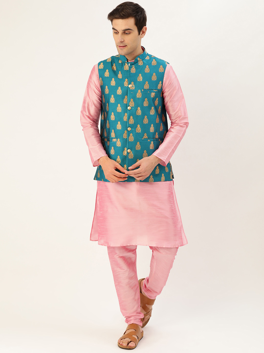 SOJANYA Men Pink & Teal Blue Solid Kurta with Churidar & Nehru Jacket