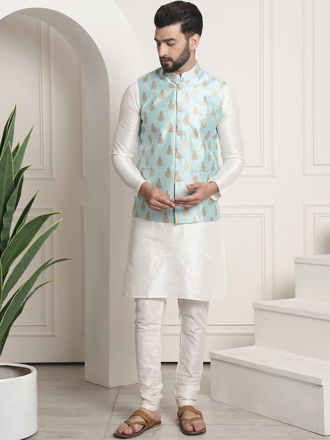 SOJANYA Men Off-White & Blue Solid Kurta & Churidar with Woven Design Nehru Jacket