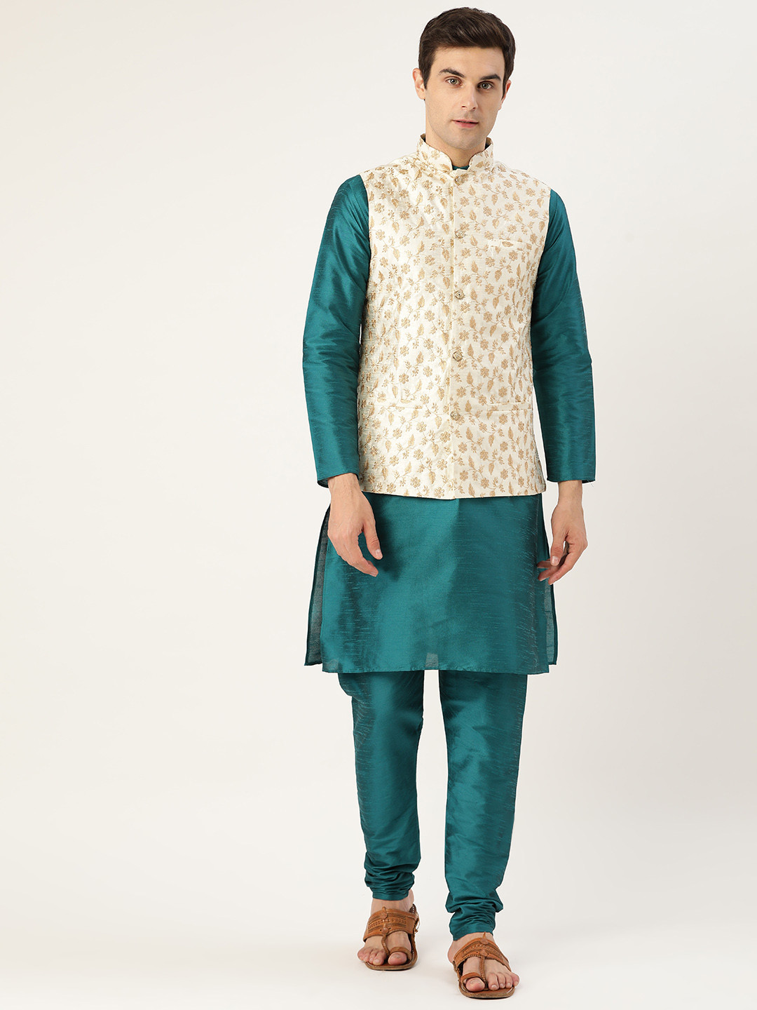 SOJANYA Men Teal Blue & Cream-Coloured Solid Kurta with Churidar & Nehru Jacket