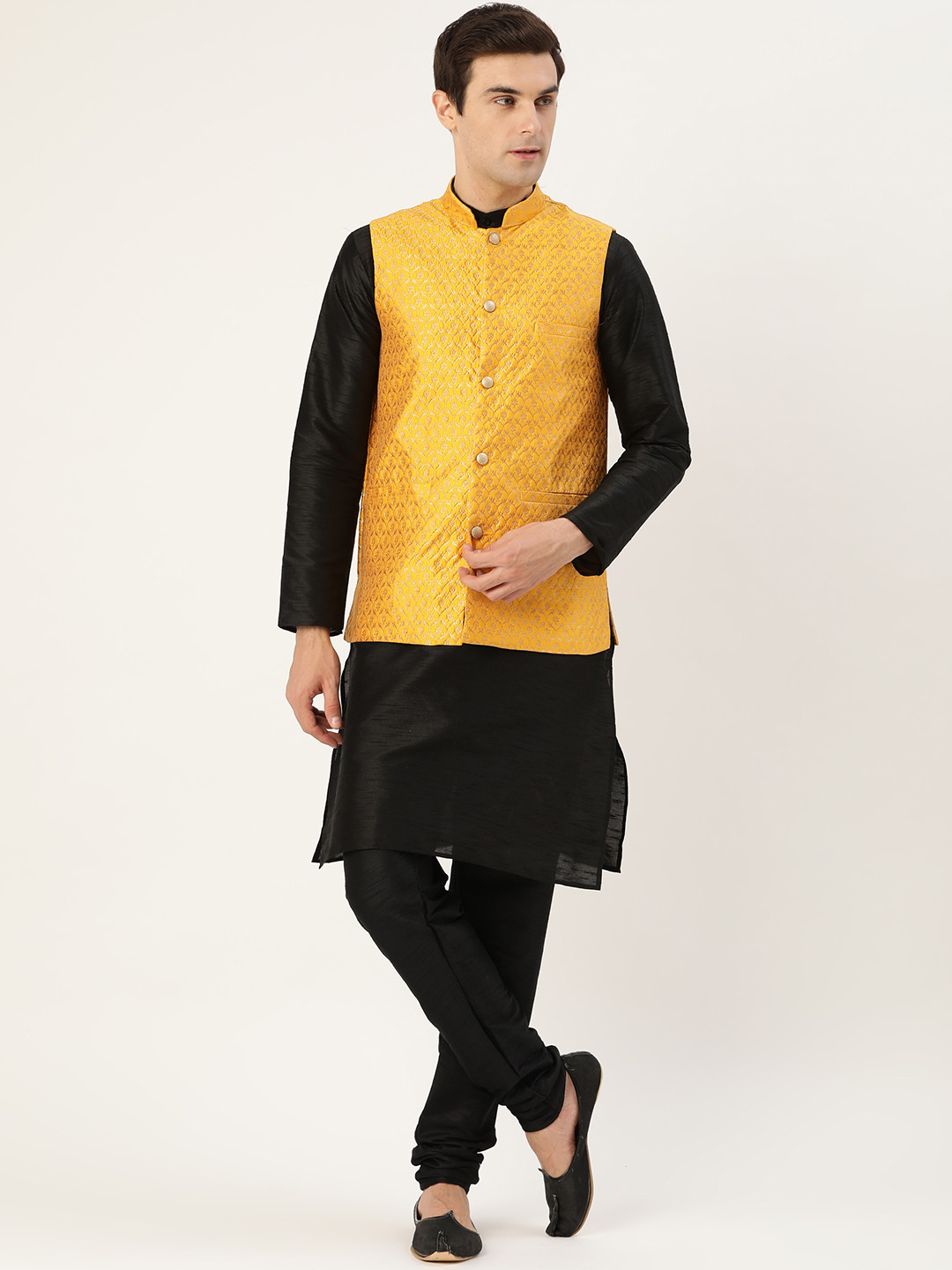 SOJANYA Men Black & Mustard Yellow Woven Design Kurta & Churidar with Nehru Jacket