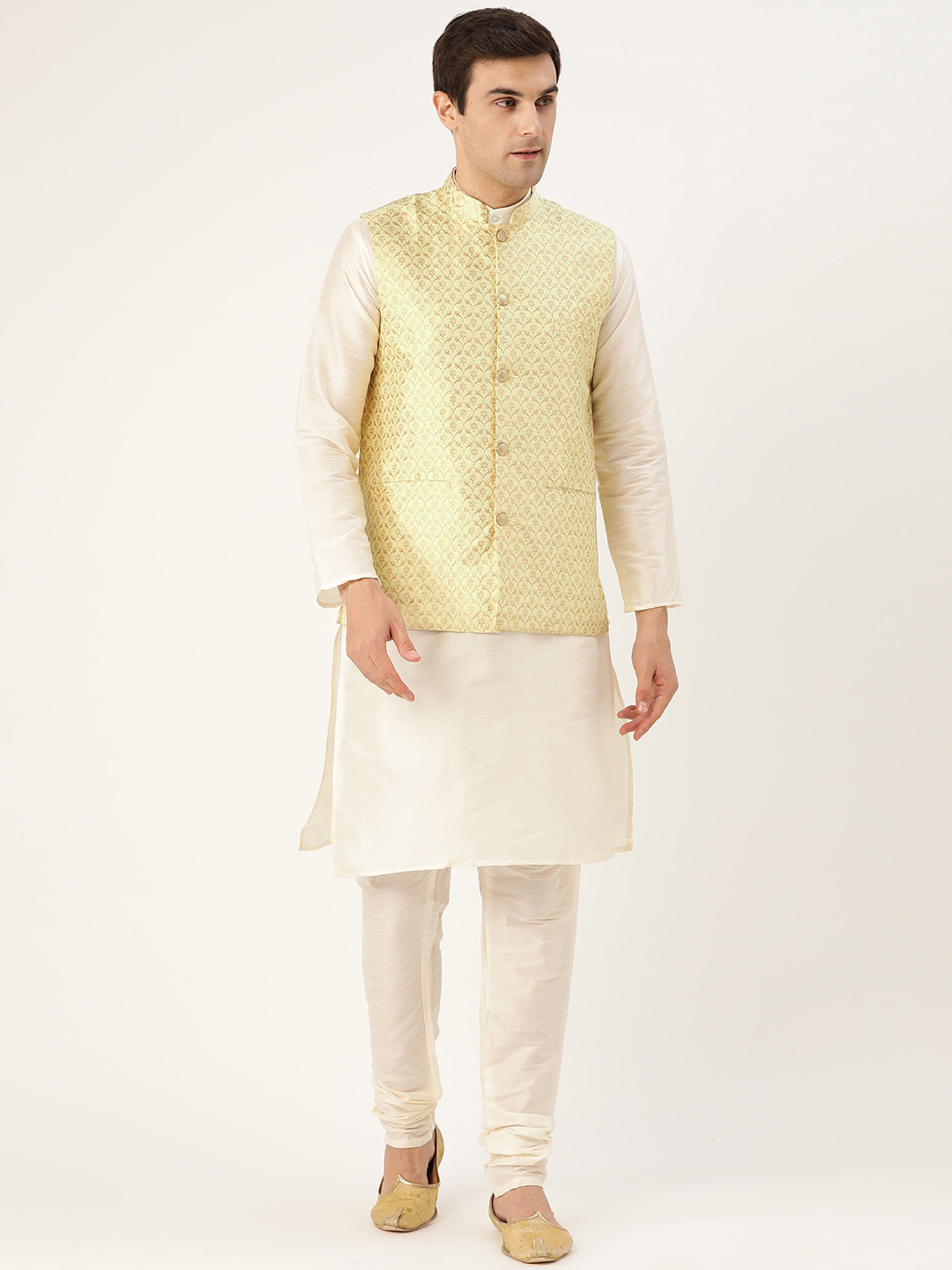 SOJANYA Men Off-White & Green Solid Kurta with Churidar & Nehru Jacket