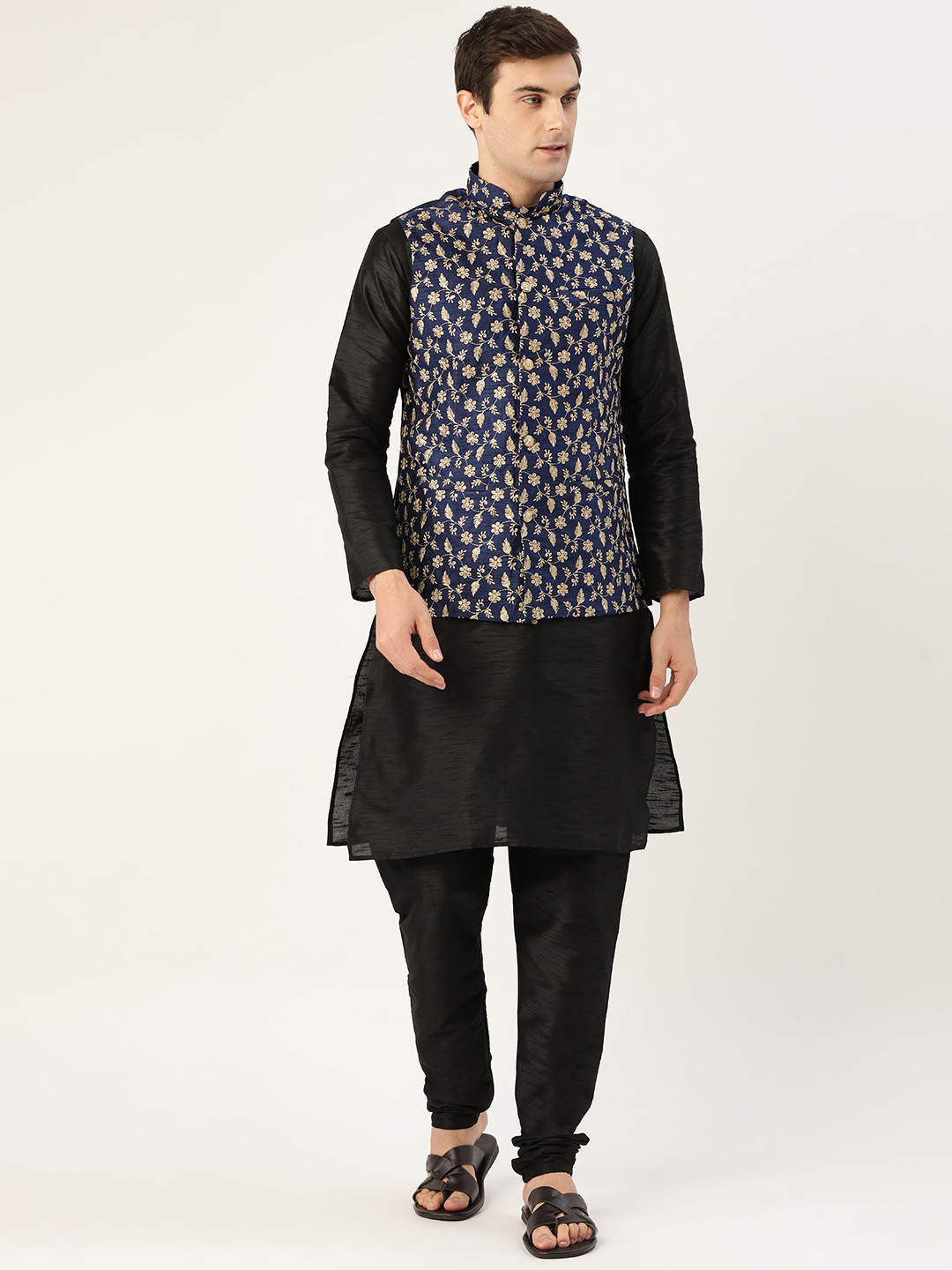SOJANYA Men Black & Navy Blue Solid Kurta with Churidar & Nehru Jacket