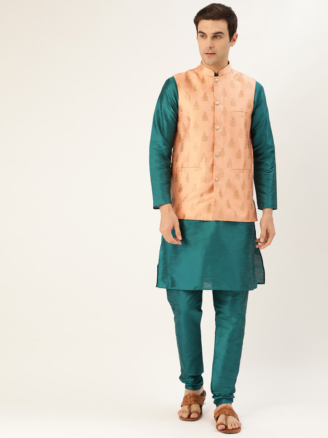 SOJANYA Men Teal Green & Peach-Coloured Solid Kurta with Churidar & Nehru Jacket