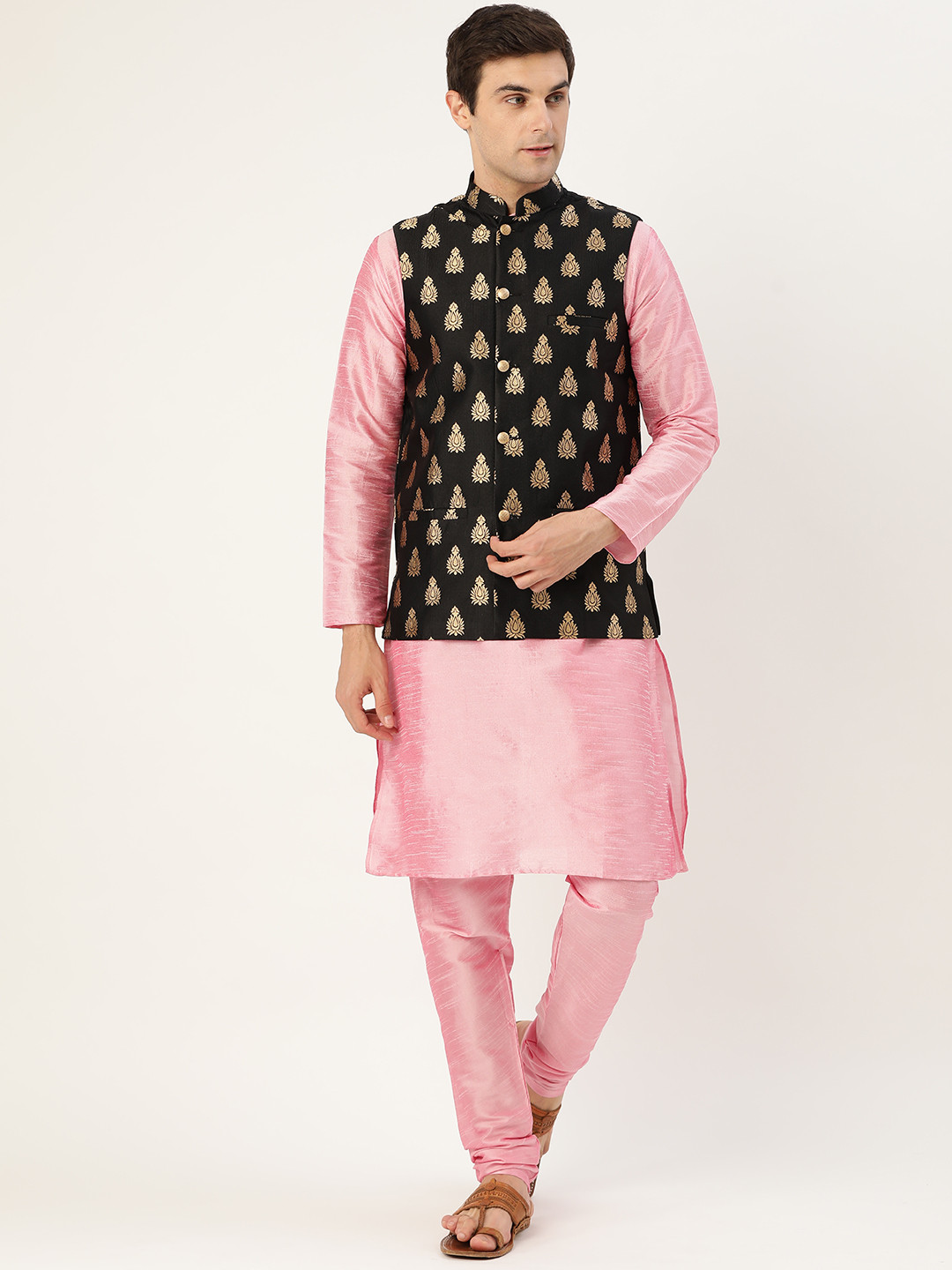 SOJANYA Men Pink & Black Solid Kurta with Churidar & Nehru Jacket