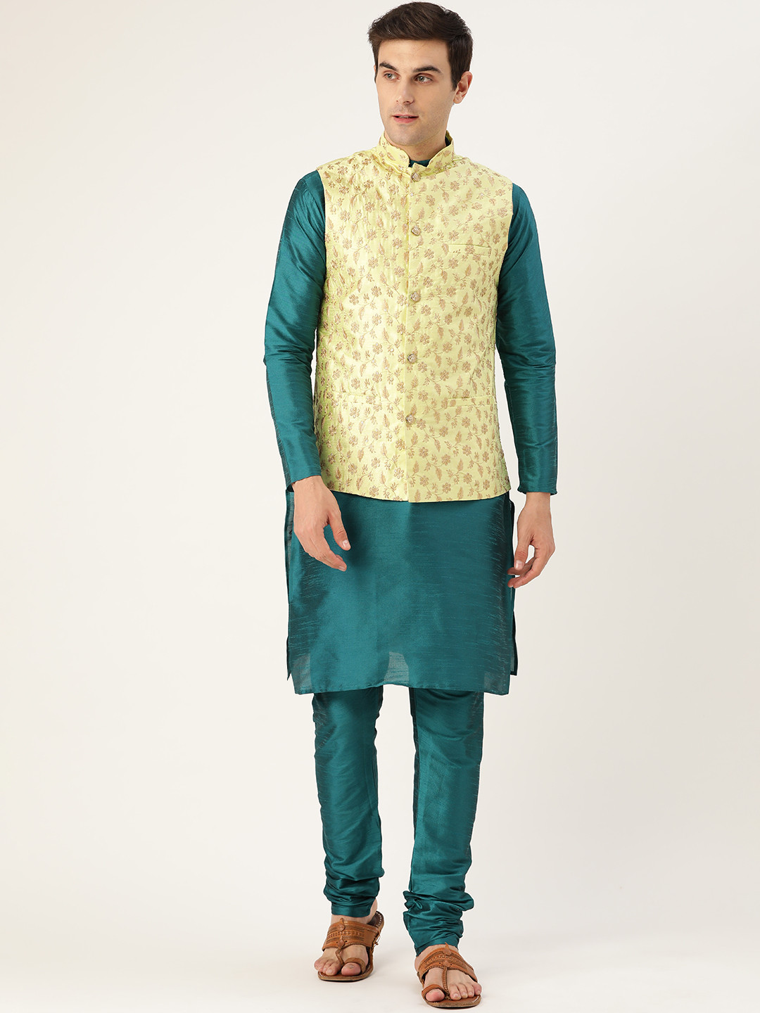 SOJANYA Men Teal Green & Lime Green Solid Kurta with Churidar & Nehru Jacket