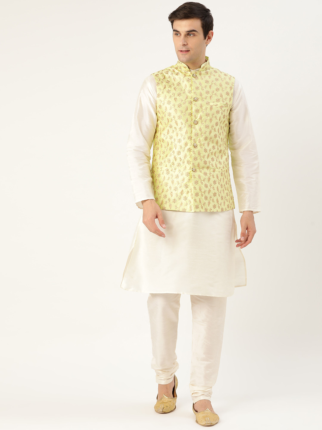 SOJANYA Men Off-White & Lime Green Solid Kurta with Churidar & Nehru Jacket