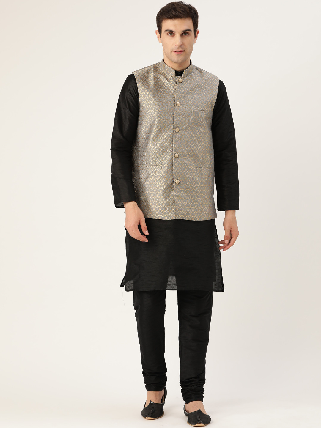 SOJANYA Men Black & Grey Solid Kurta with Churidar & Nehru Jacket