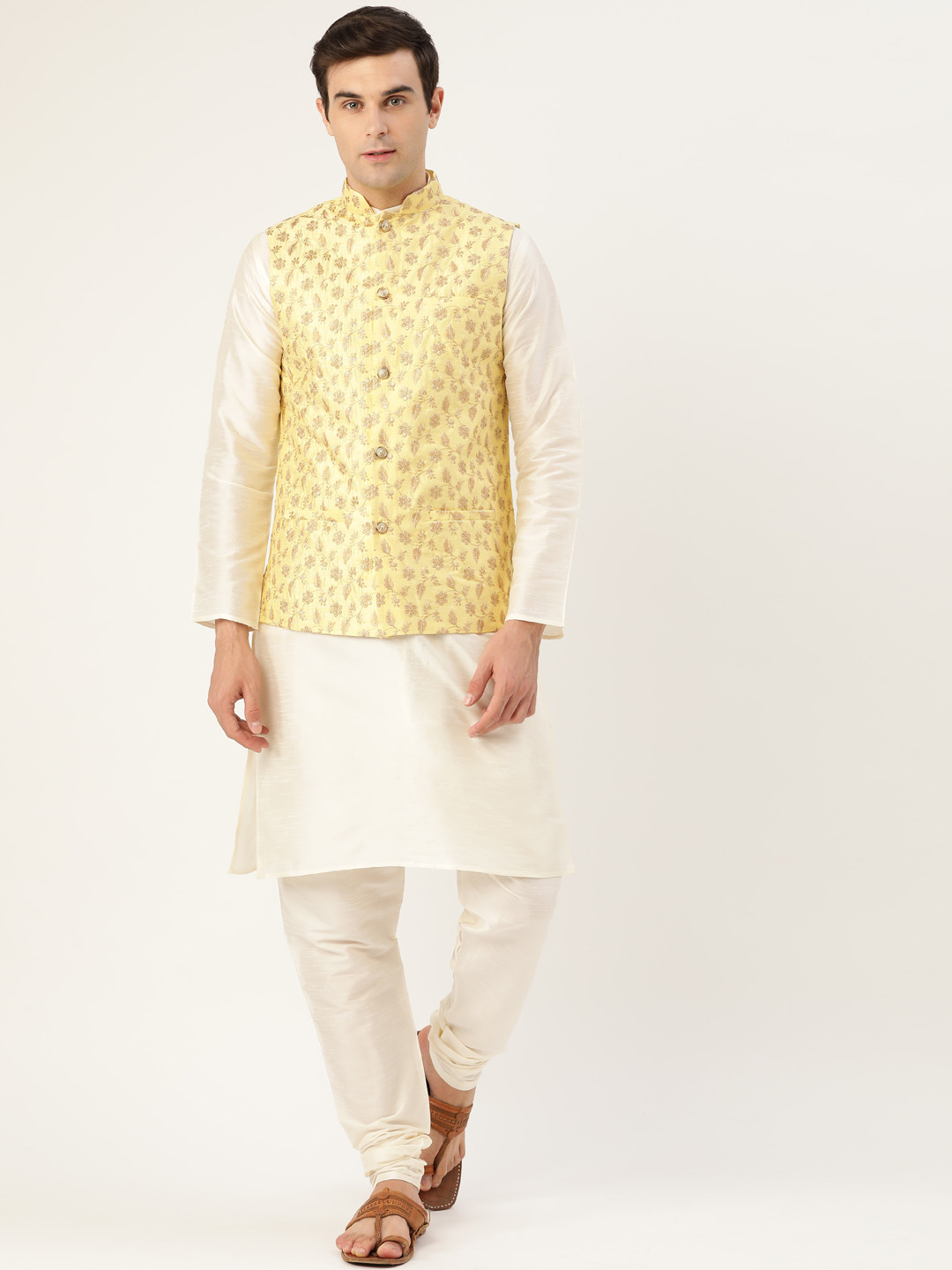SOJANYA Men Off-White & Yellow Solid Kurta with Churidar & Nehru Jacket