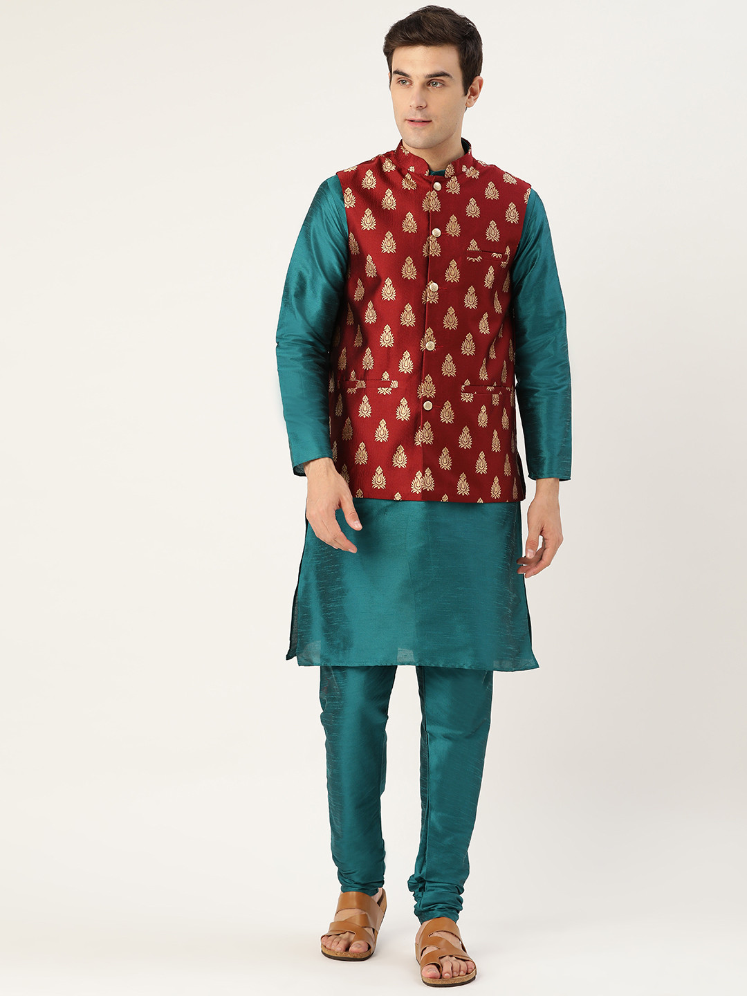 SOJANYA Men Teal Green & Maroon Solid Kurta with Churidar & Nehru Jacket