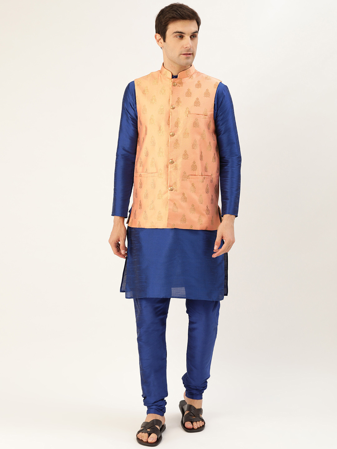 SOJANYA Men Blue & Peach-Coloured Solid Kurta with Churidar & Nehru Jacket