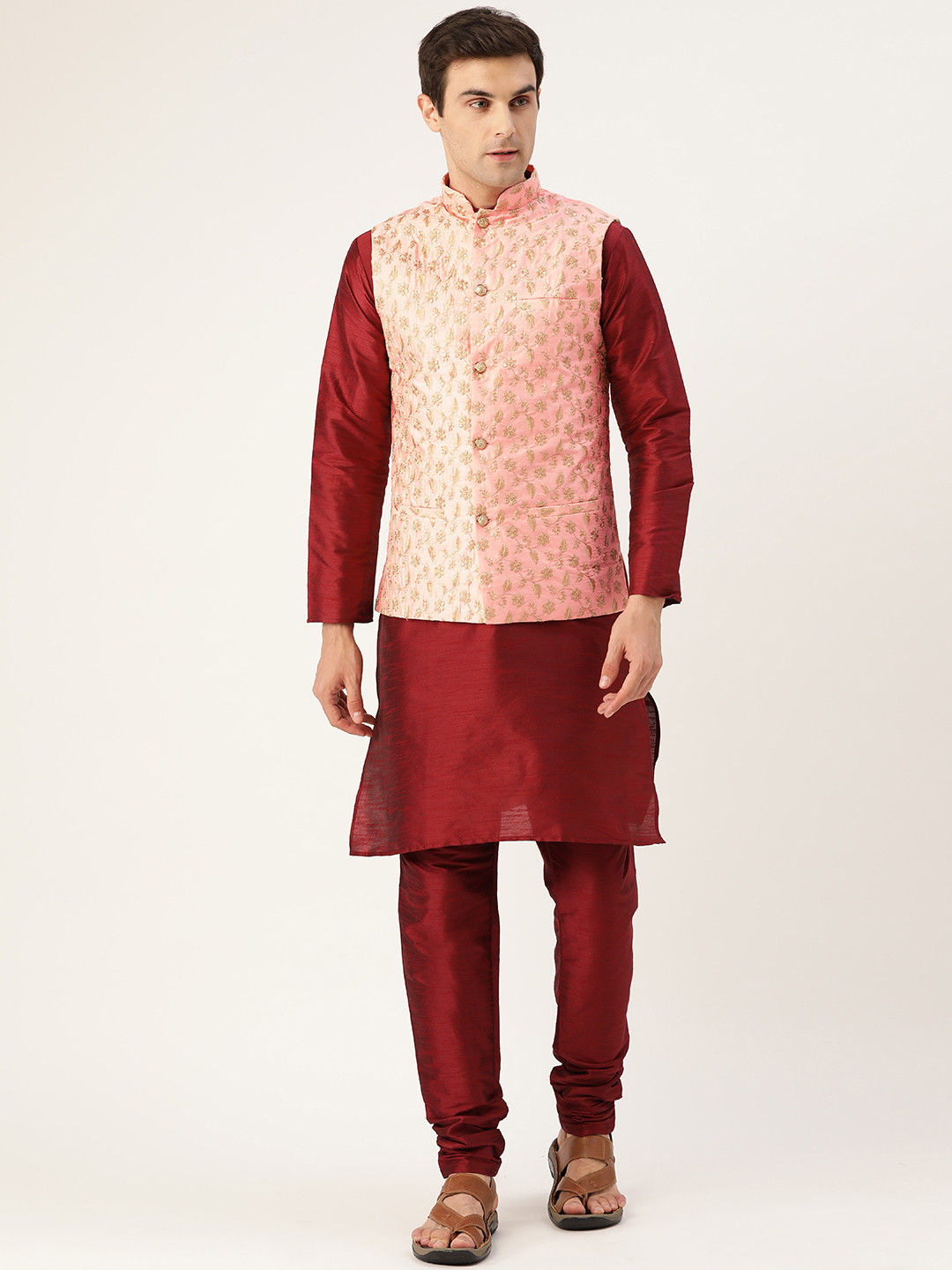 SOJANYA Men Maroon & Pink Solid Kurta & Churidar with Embroidered Nehru Jacket