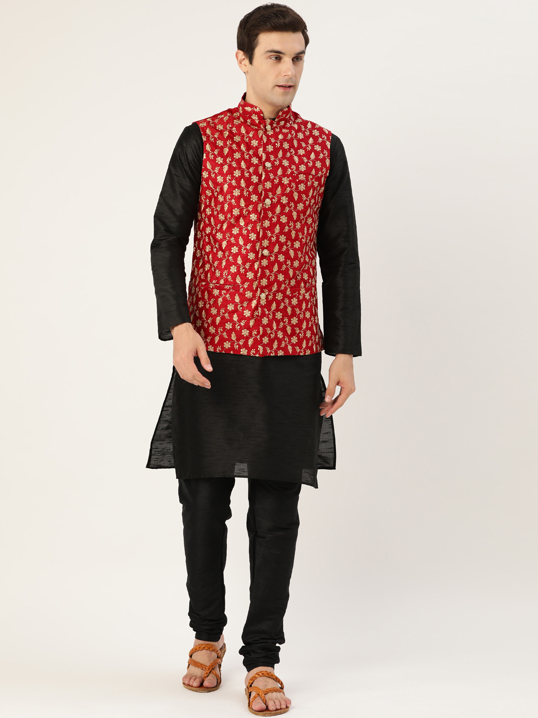 SOJANYA Men Black & Red Solid Kurta with Churidar & Nehru Jacket