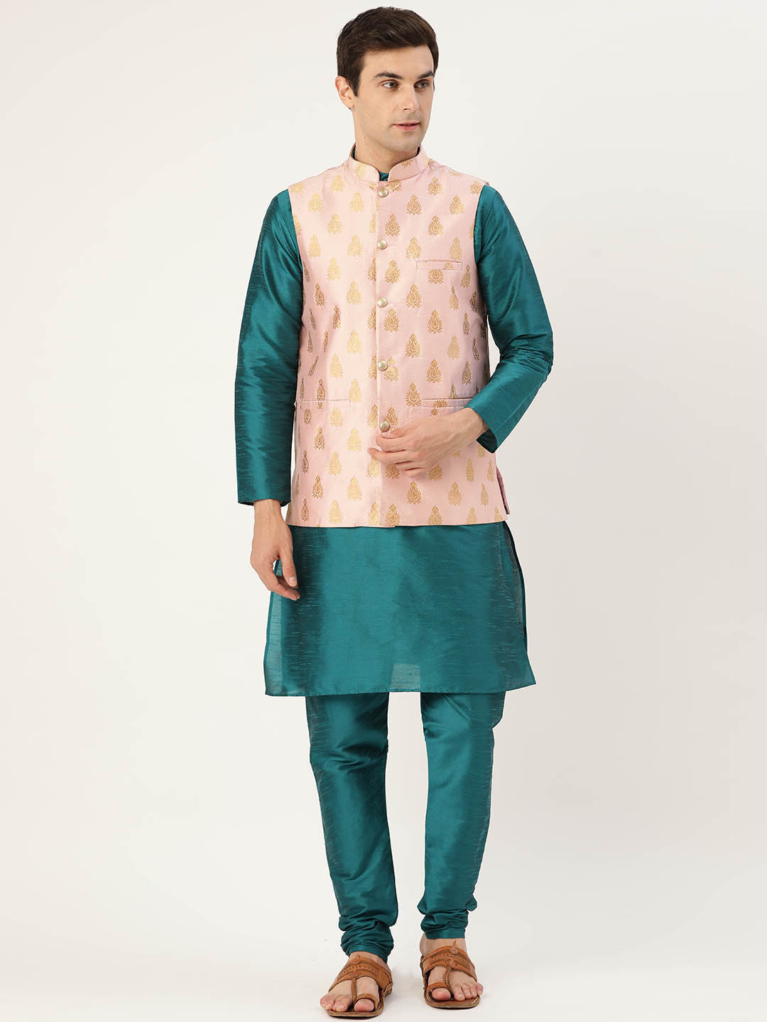 SOJANYA Men Teal Blue & Pink Solid Kurta Churidar & Nehru Jacket