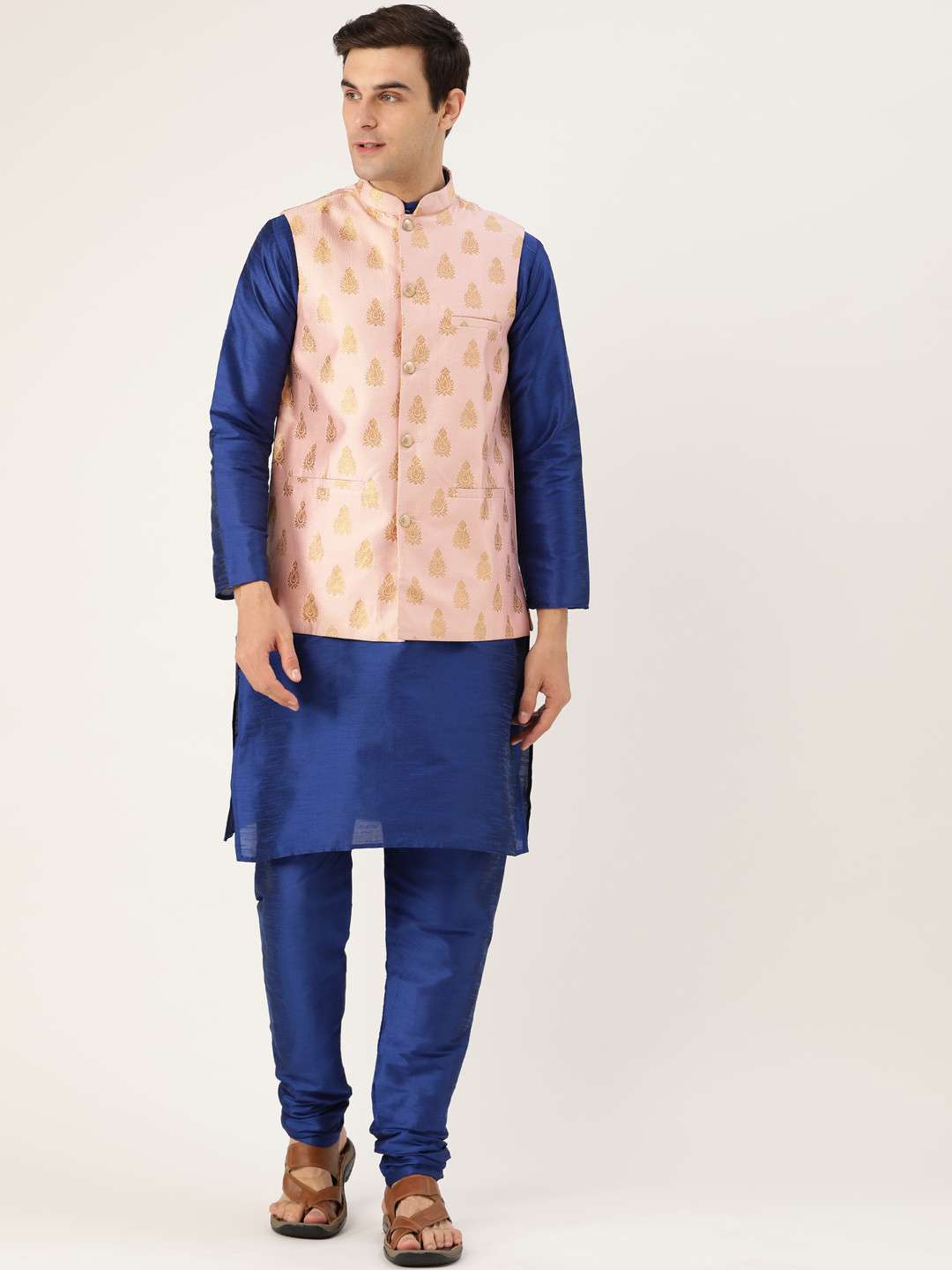SOJANYA Men Blue & Pink Self-Design Kurta with Churidar & Nehru Jacket