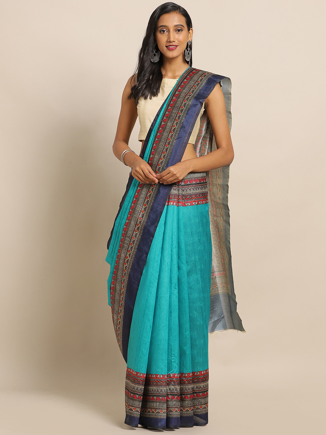 Satrani Blue & Beige Silk Blend Printed Saree