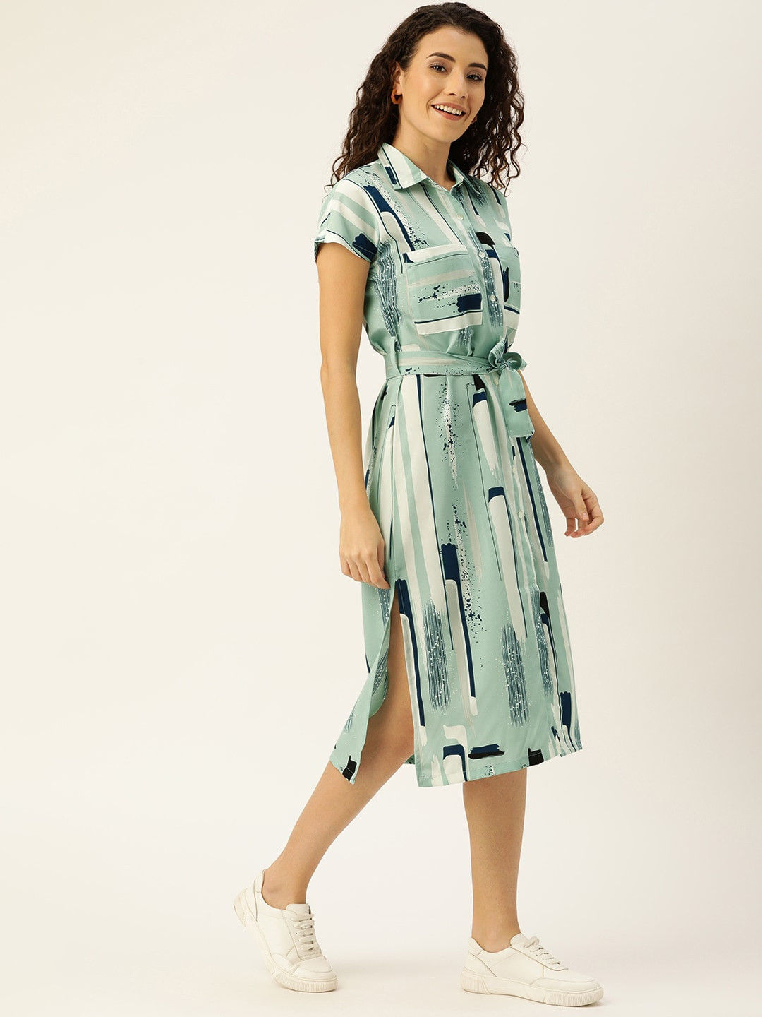Campus Sutra Mint Green & White Printed Shirt Dress with Side Slits