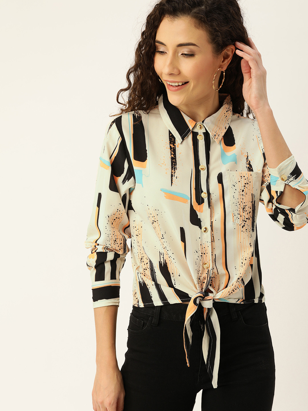 Campus Sutra Women Cream-Coloured & Black Regular Fit Printed Casual Shirt