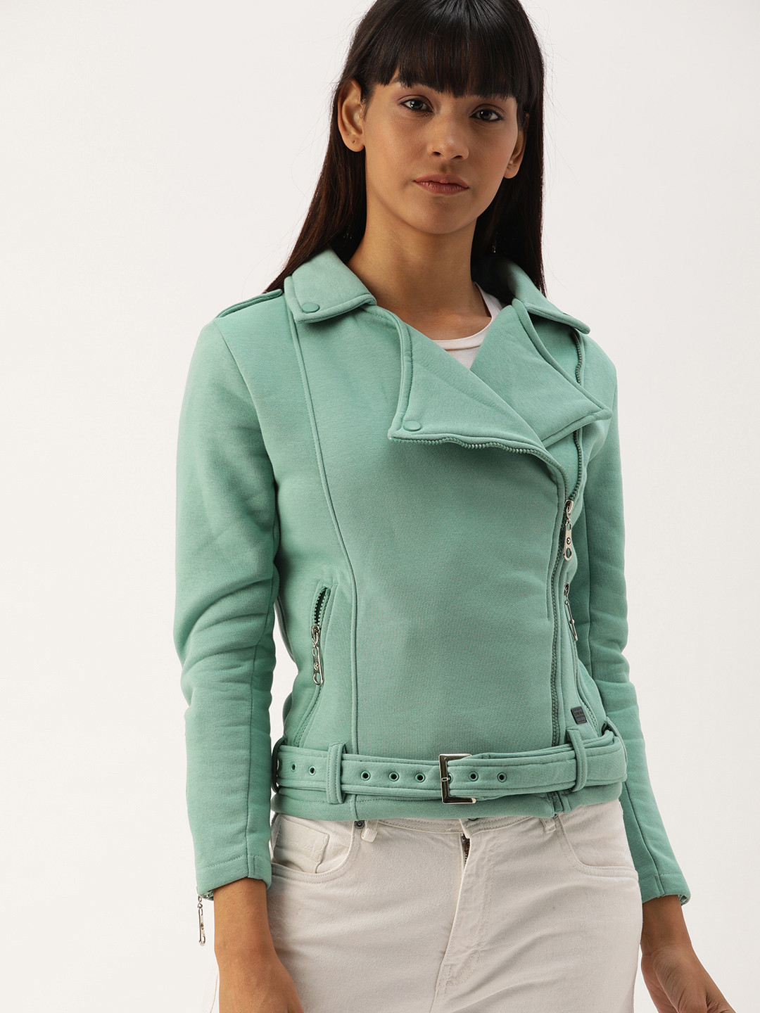 Campus Sutra Women Green Solid Biker Jacket