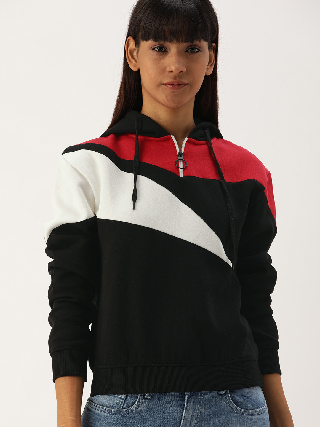 Campus Sutra Women Black & Red Colourblocked Hooded Pullover Sweatshirt