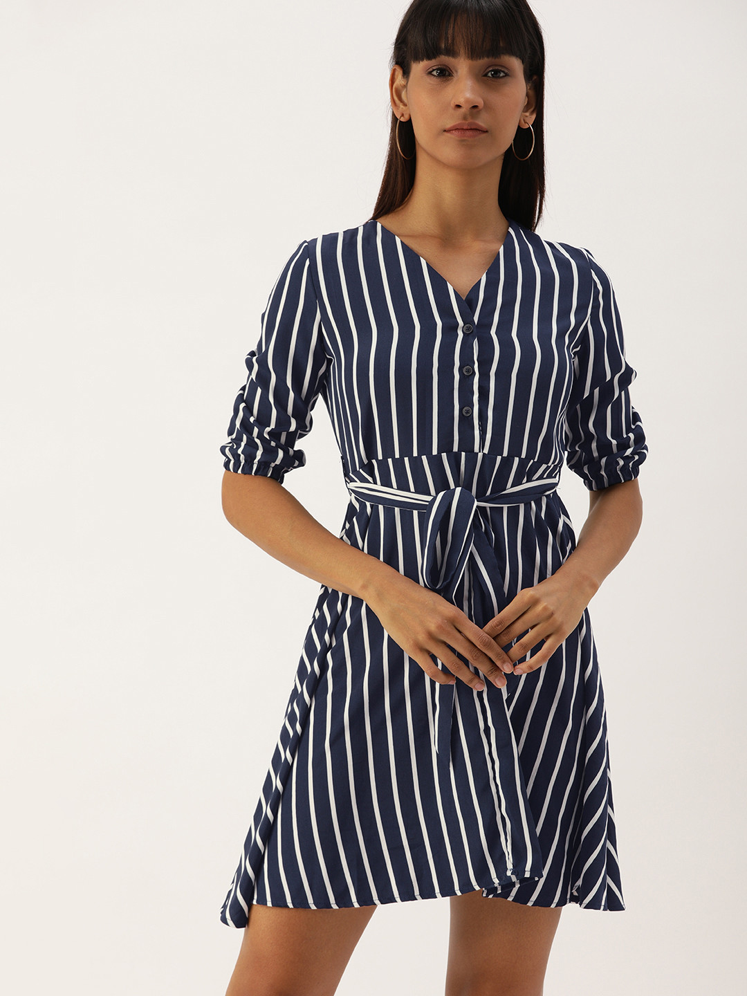 Campus Sutra Women Navy Blue Striped Knee Length Fit and Flare Dress