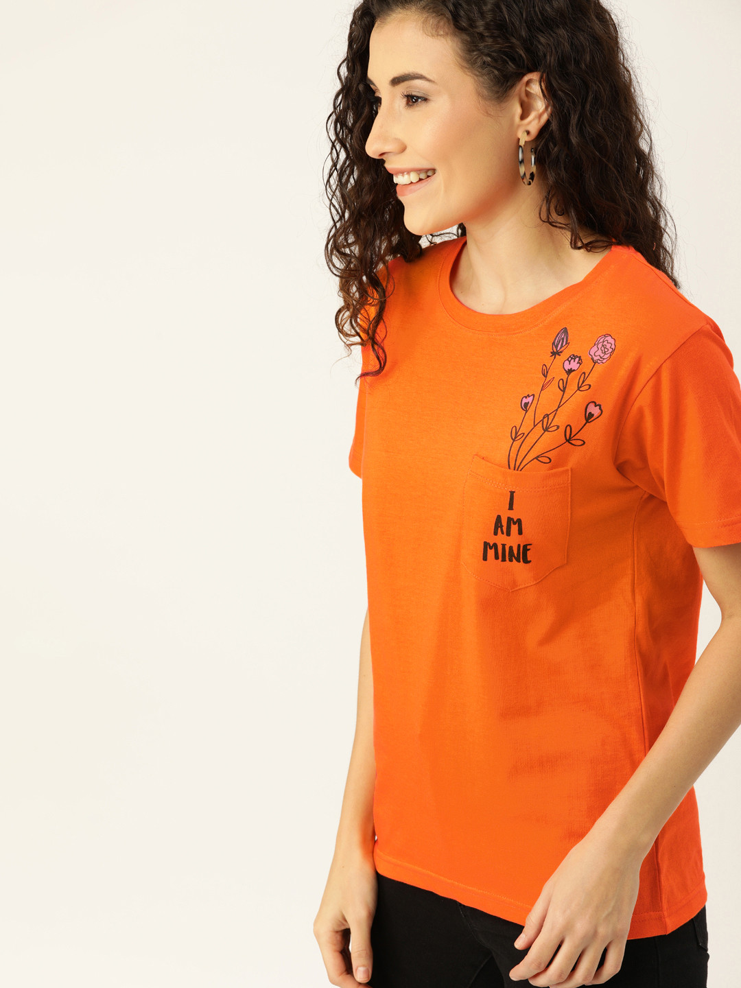 Campus Sutra Women Orange Placement Printed Round Neck Cotton T-shirt with Pocket