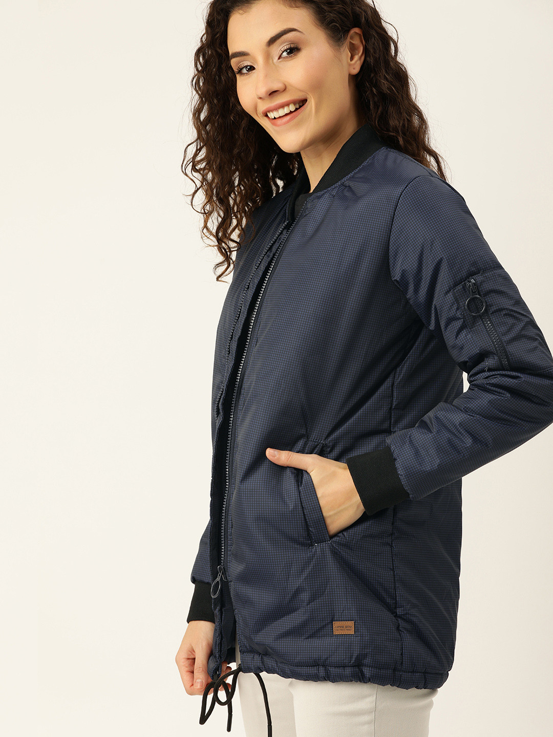 Campus Sutra Women Blue Checked Puffer Jacket