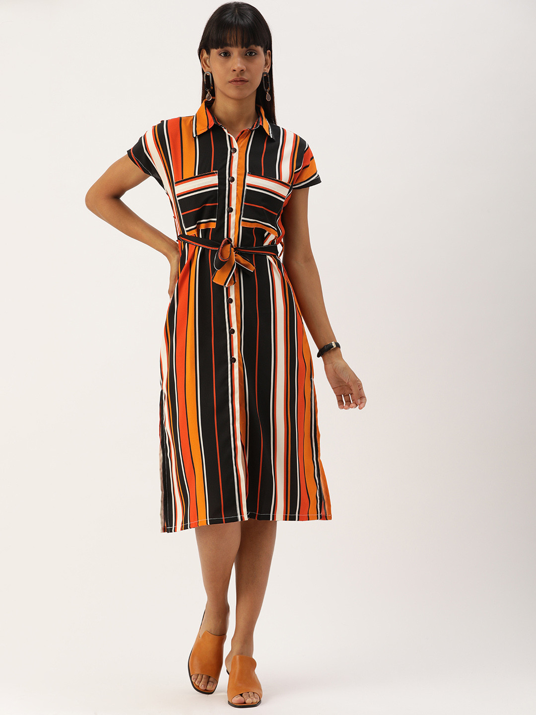 Campus Sutra Women Black Striped Fit and Flare Dress
