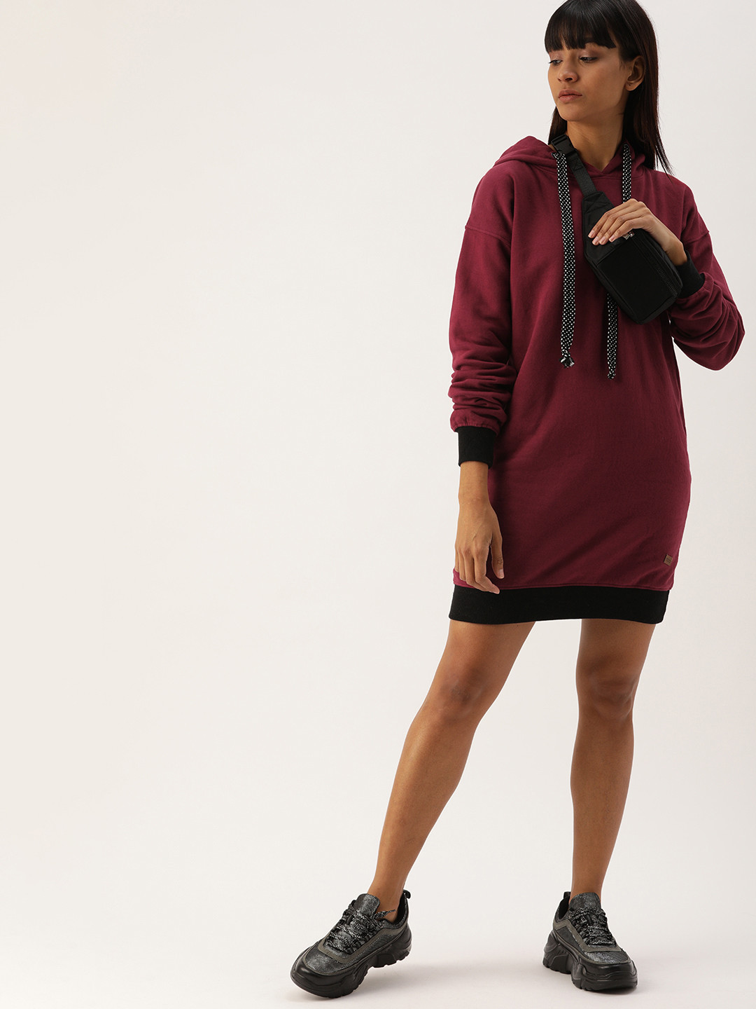 PINACOLADA Women Maroon Solid Hooded Sweatshirt