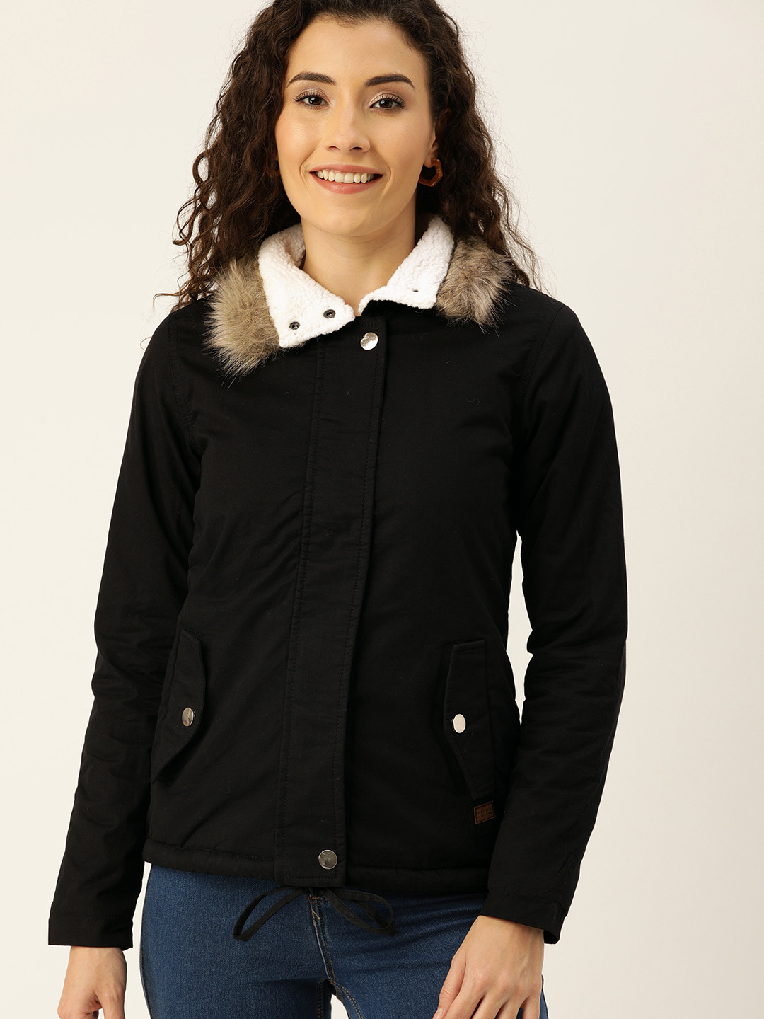 Campus Sutra Women Black Solid Windcheater Parkha Jacket with Faux Fur Trim Detail
