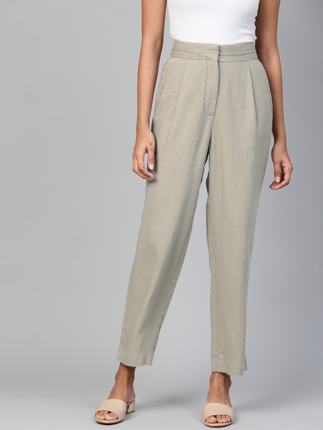 Olive Green Textured Formal Pants Women, 59% OFF