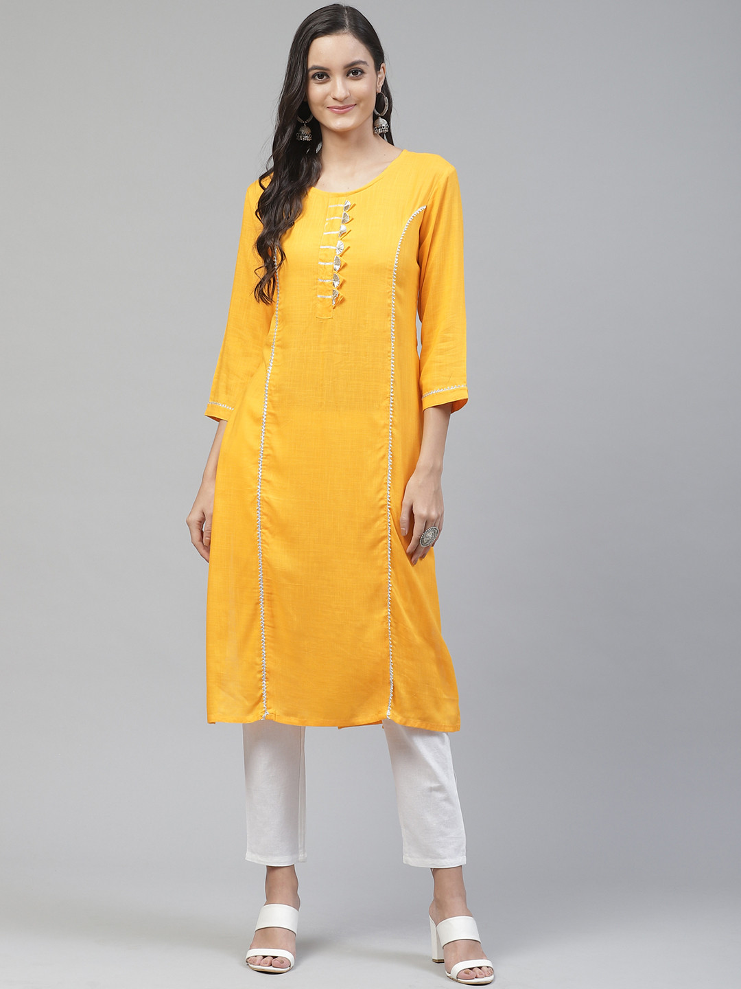Fabriko Women Yellow & White Gotta Patti Work Kurta with Trousers