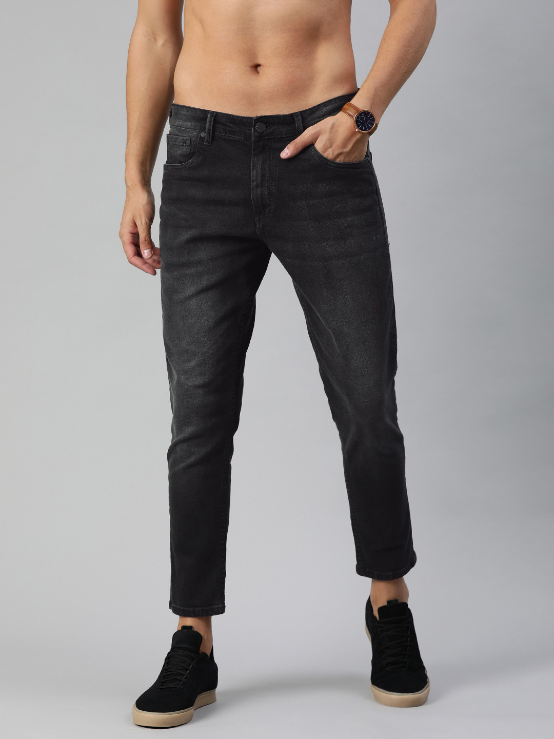HERE&NOW Men Black Slim Tapered Fit Mid-Rise Clean Look Stretchable Cropped Jeans