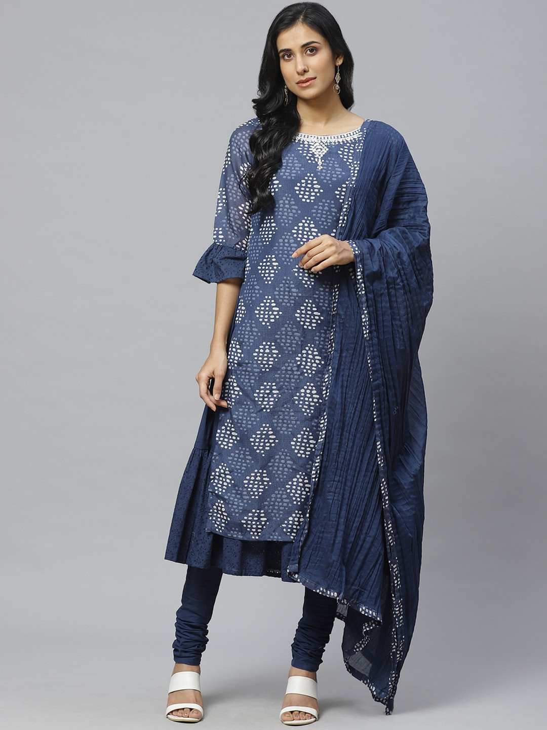 Biba Women Navy Blue & Off-White Printed Layered Kurta with Churidar & Dupatta