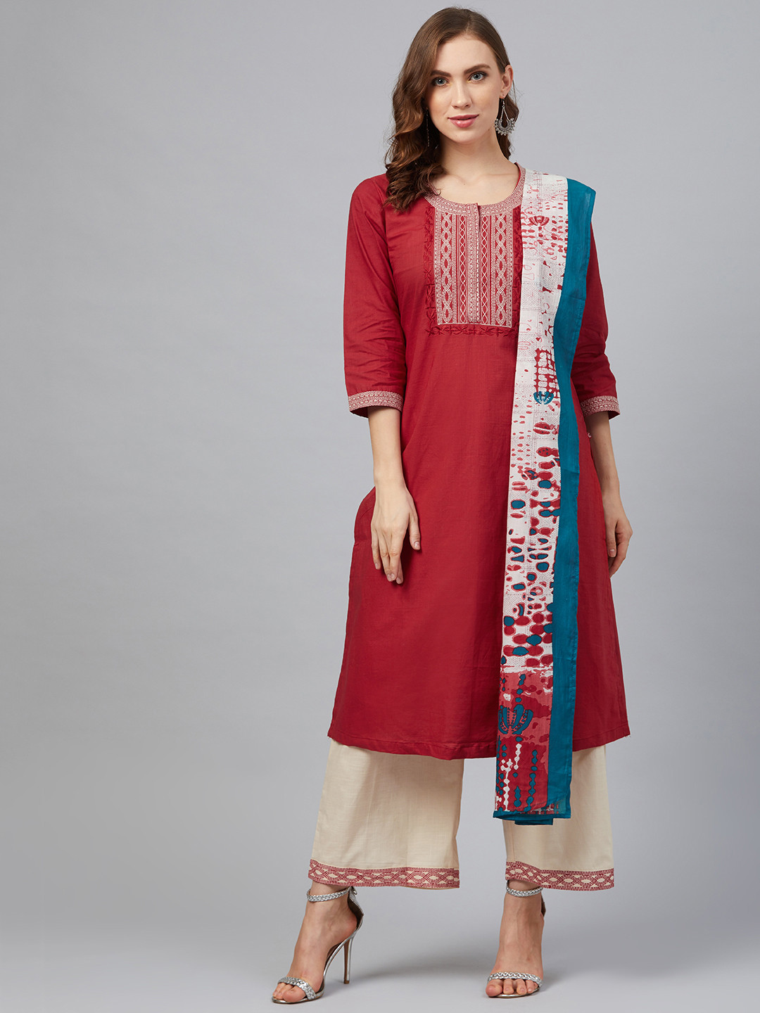 Biba Women Rust Red & Cream-Coloured Yoke Design Kurta with Palazzos & Dupatta