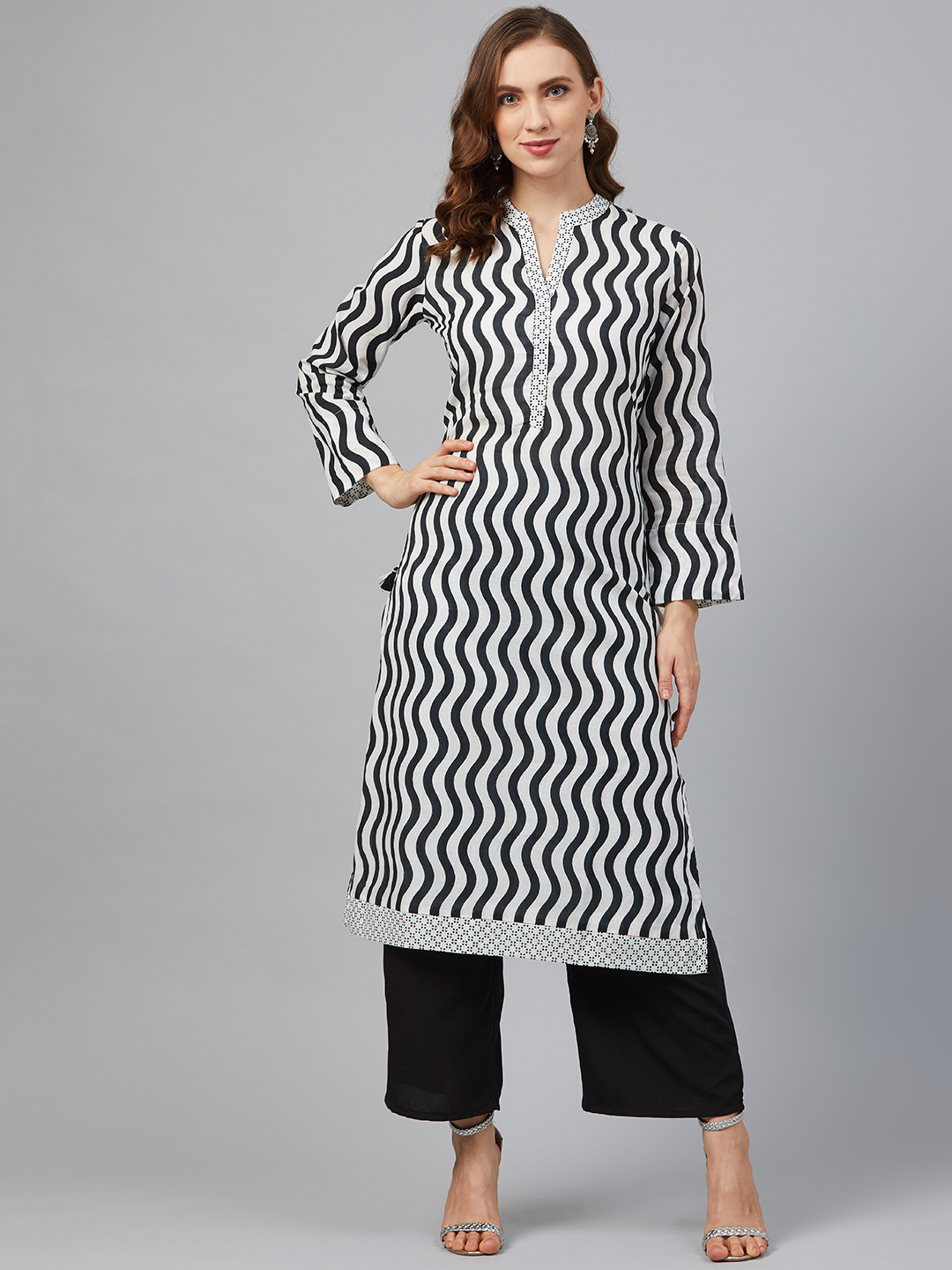 Biba Women Black & White Printed Straight Kurta