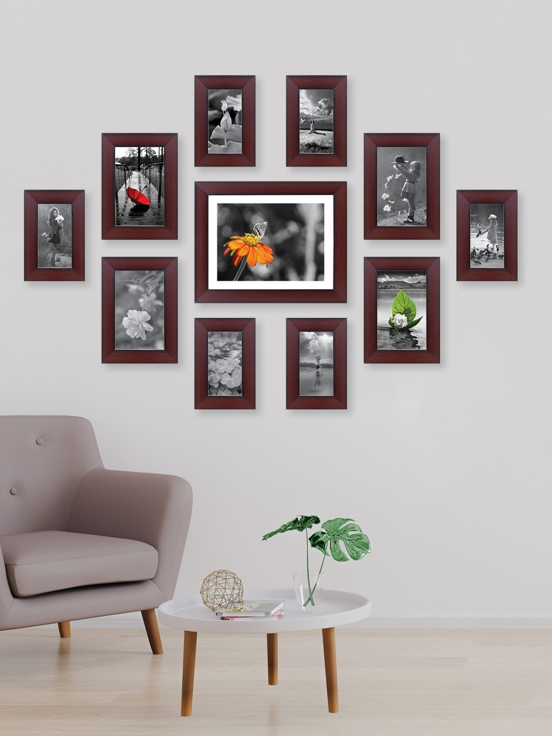 RANDOM Set Of 11 Brown Solid Collage Rosewood Photo Frames