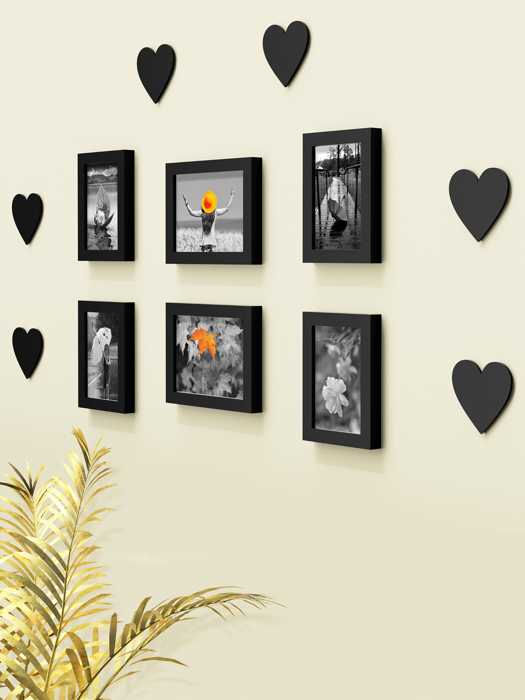 RANDOM Set Of 6 Black Solid Synthetic Collage Photo Frames With 6 Heart Plaques