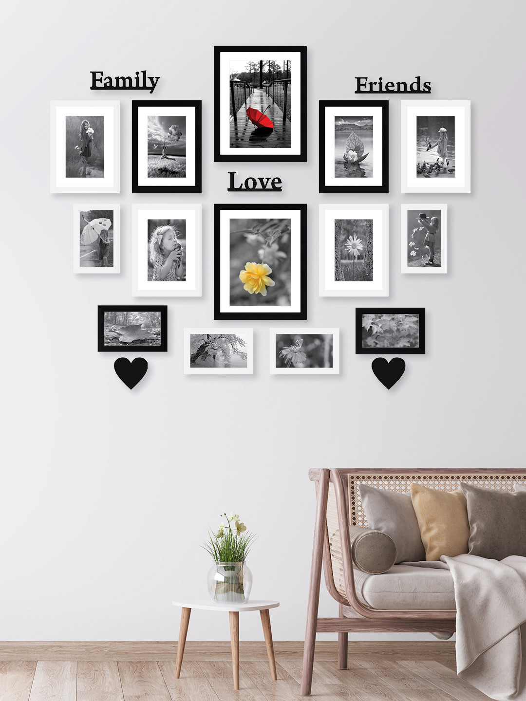 RANDOM Set Of 14 Black & White Solid Synthetic Collage Photo Frames With Family Love & Friends Plaques