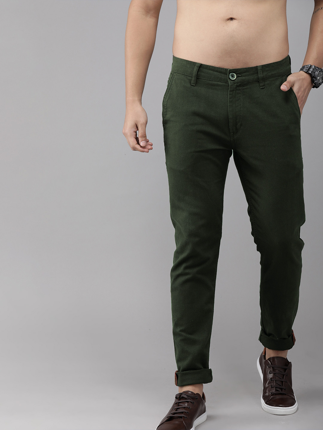 Roadster Men Olive Green Slim Fit Solid Chinos
