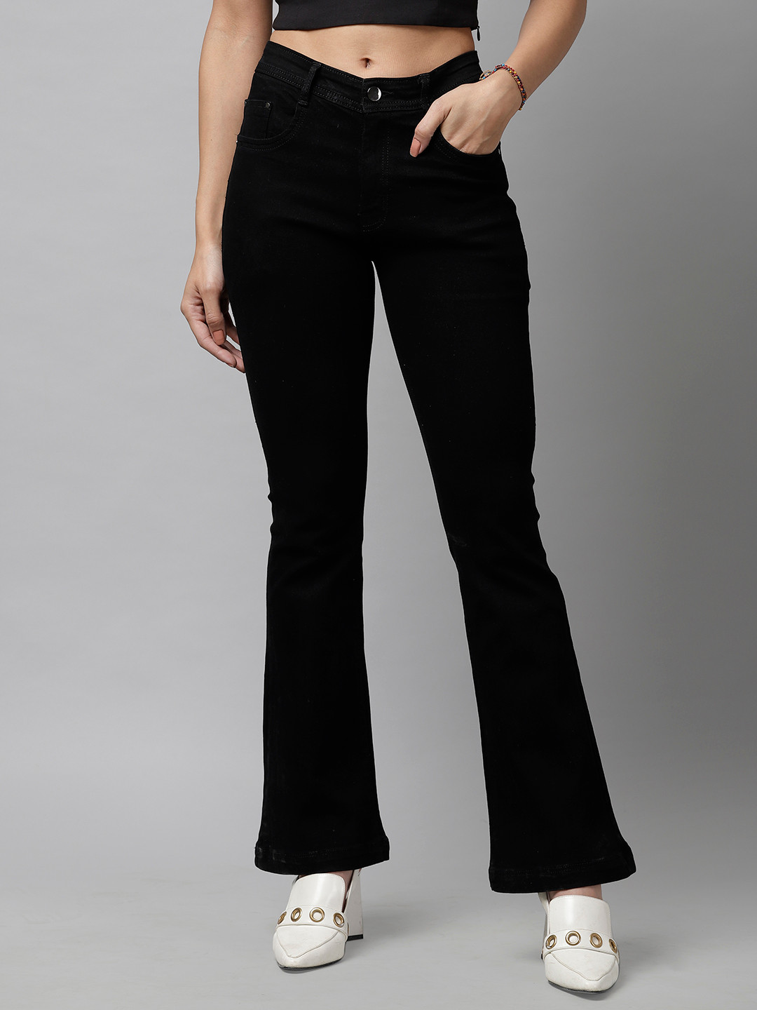 KASSUALLY BASICS Women Black Bootcut Mid-Rise Clean Look Jeans