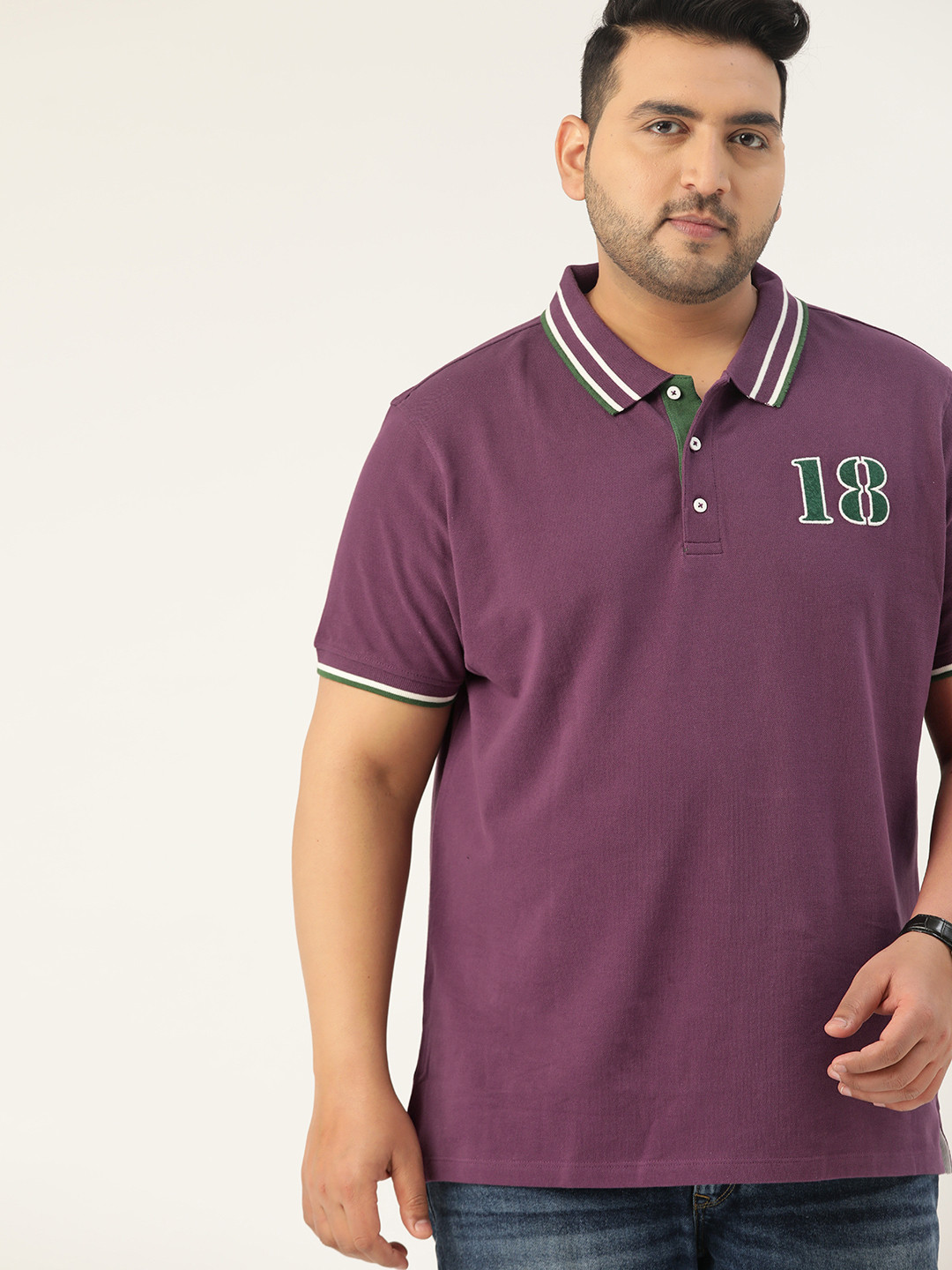 Sztori Men Plus Size Purple Solid Pure Cotton Polo Collar T-shirt