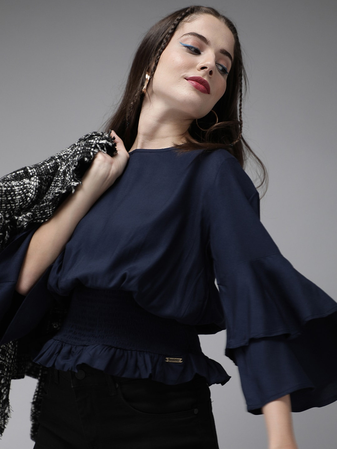 Roadster Greenturn Women Navy Blue Solid Smocked Blouson Top With Bell Sleeves