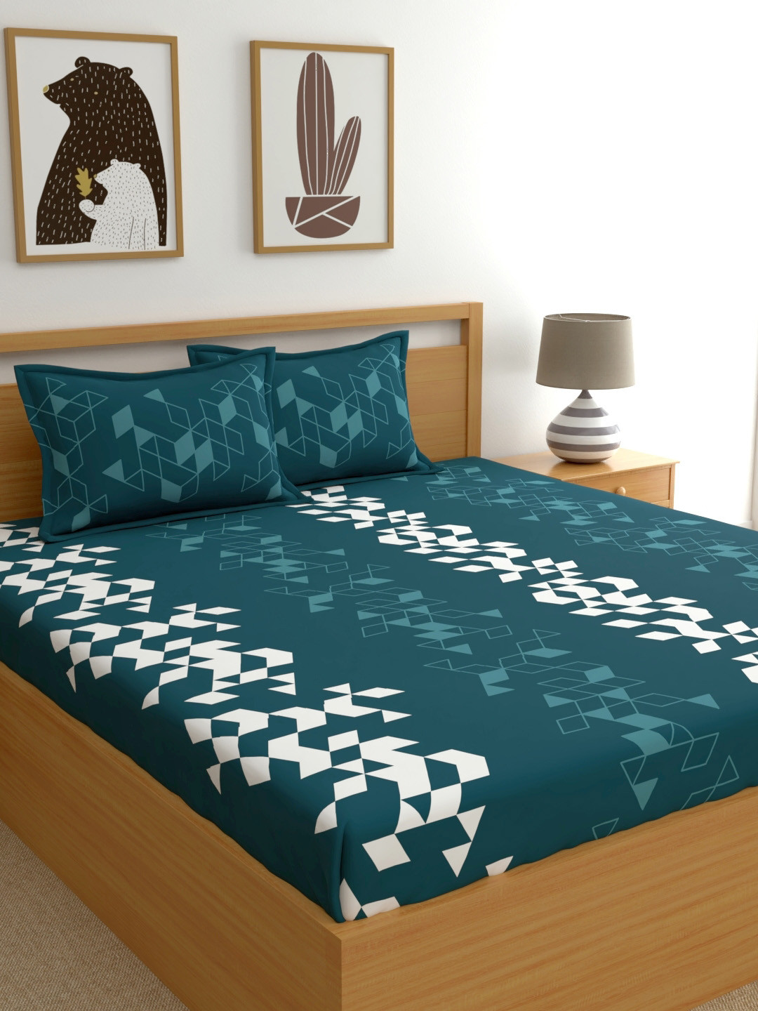 Dreamscape Teal Geometric Cotton 144 TC Queen Bedsheet with 2 Pillow Covers-86 x 98 inches