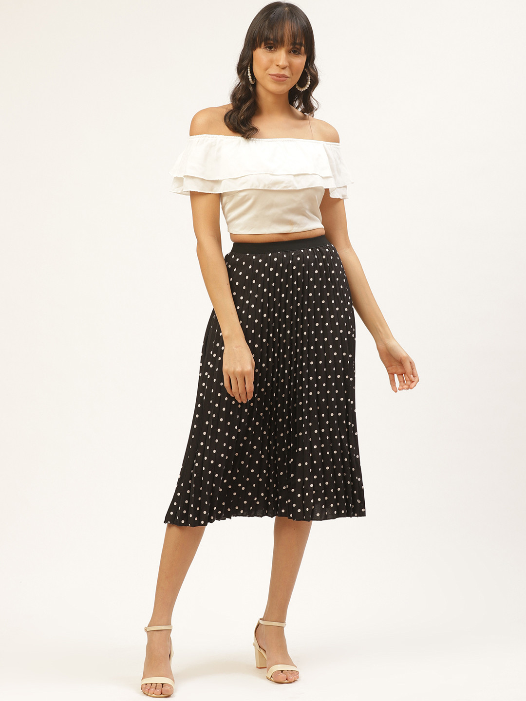 ANVI Be Yourself Women Black & White Accordion Pleated Polka Dots Print A-Line Skirt