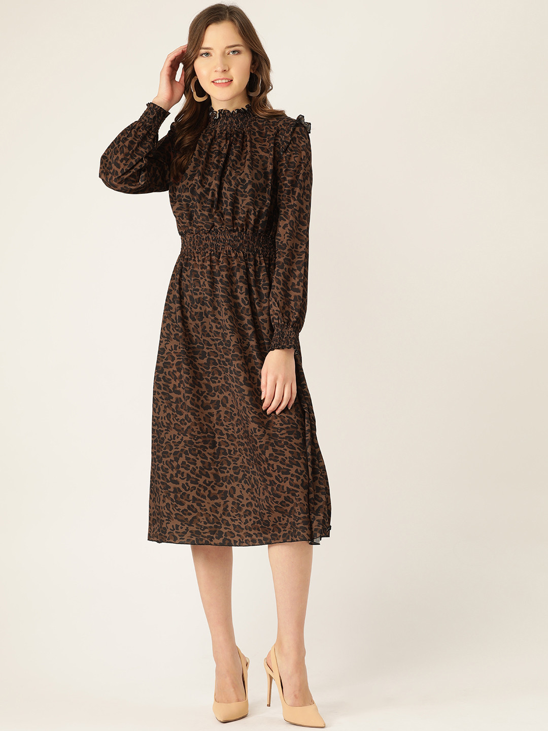 ANVI Be Yourself Women Brown & Black Animal Print Fit and Flare Dress
