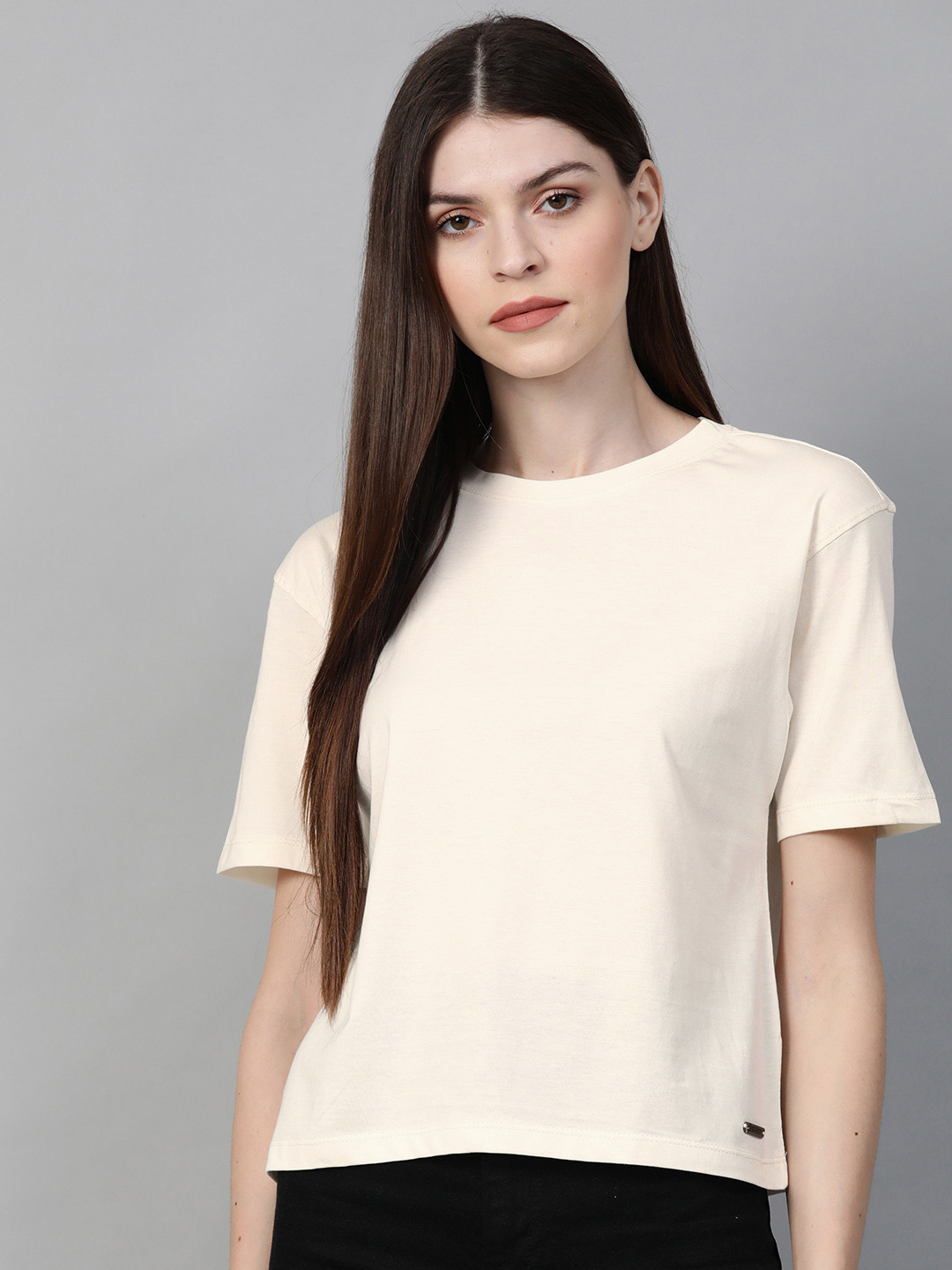 Roadster Women Off-White Solid Round Neck Boxy Fit T-shirt