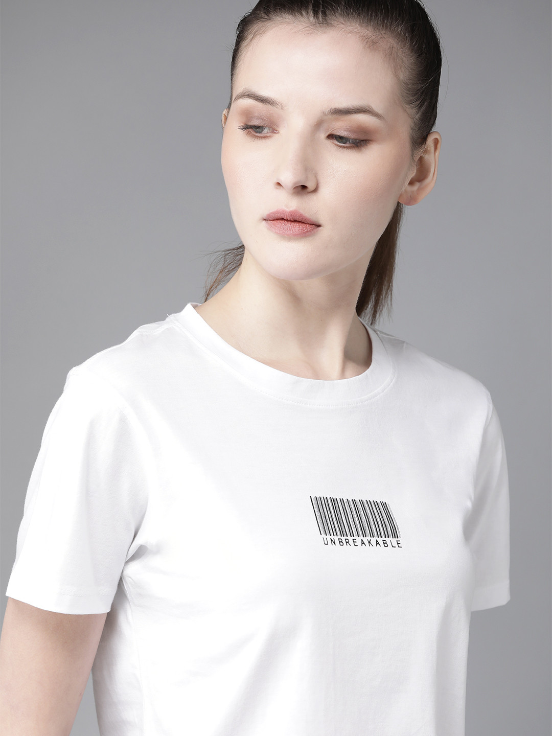 Roadster White Printed Detail Round Neck Relaxed Fit Cotton T-shirt